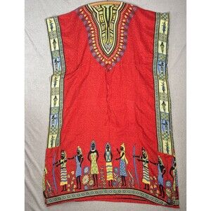 Red Kaftan Tunic Dress One Size Tirbal Print Loose V-Neck Lightweight MuuMuu